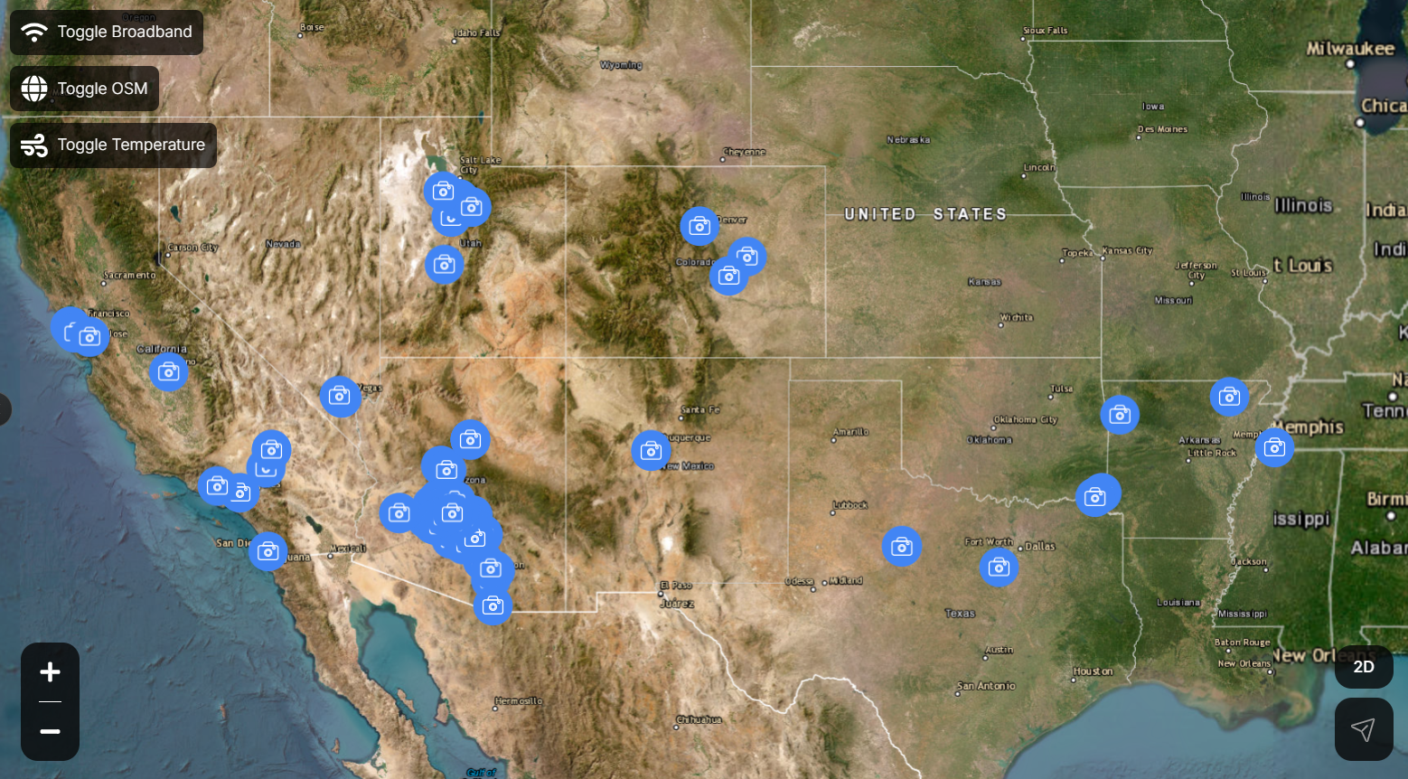 Construction site camera monitoring coverage map across the USA with Jobsite Sentry