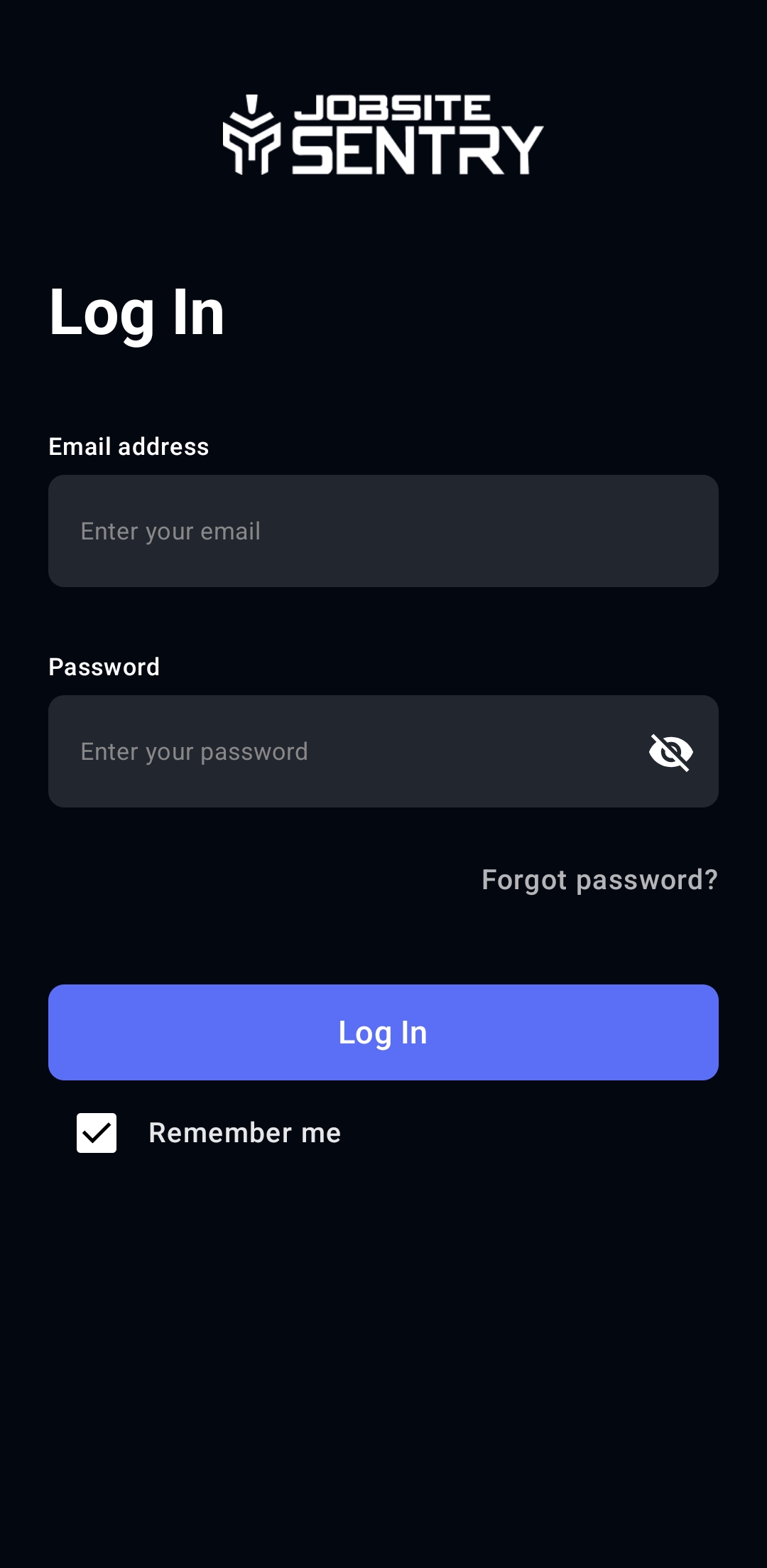 Jobsite Sentry platform login page on mobile app