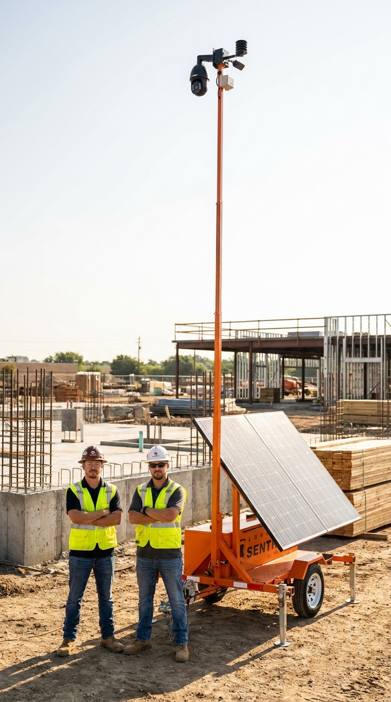 Jobsite Sentry technicians installing a solar-powered 4K security camera trailer on a construction site