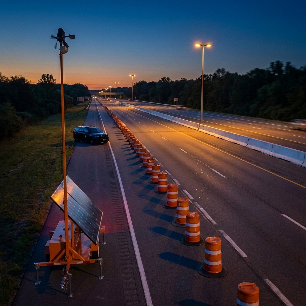 Mobile security camera trailer covering a highway construction corridor