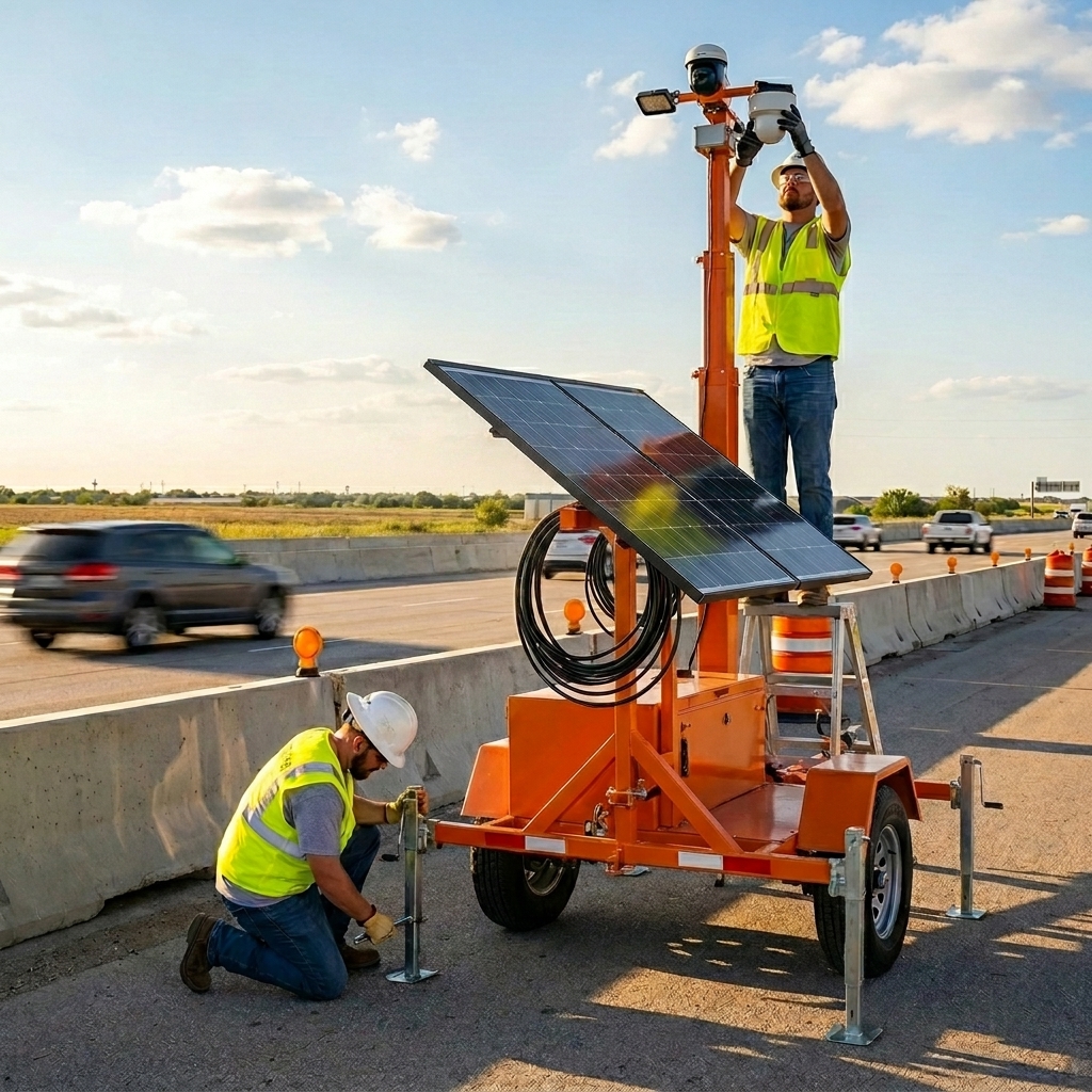Field crew installing a solar-powered security camera trailer beside an active highway
