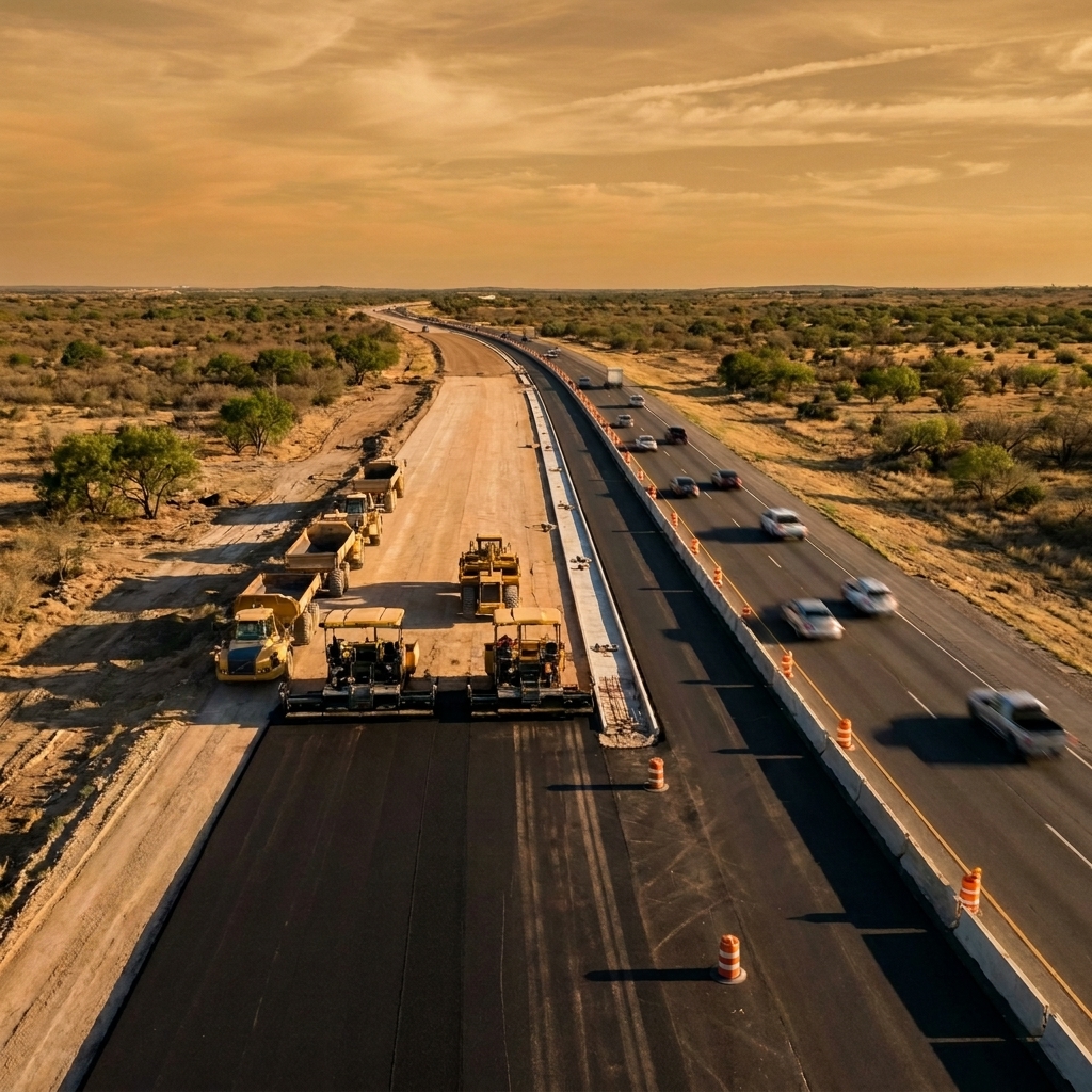 Highway widening construction zone with equipment staged for corridor work