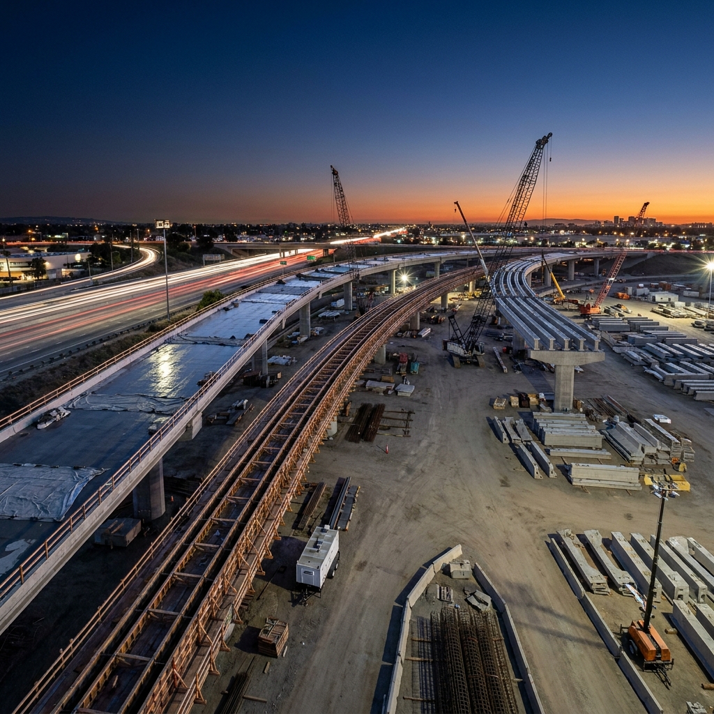 Interchange construction site with dispersed work zones and access points