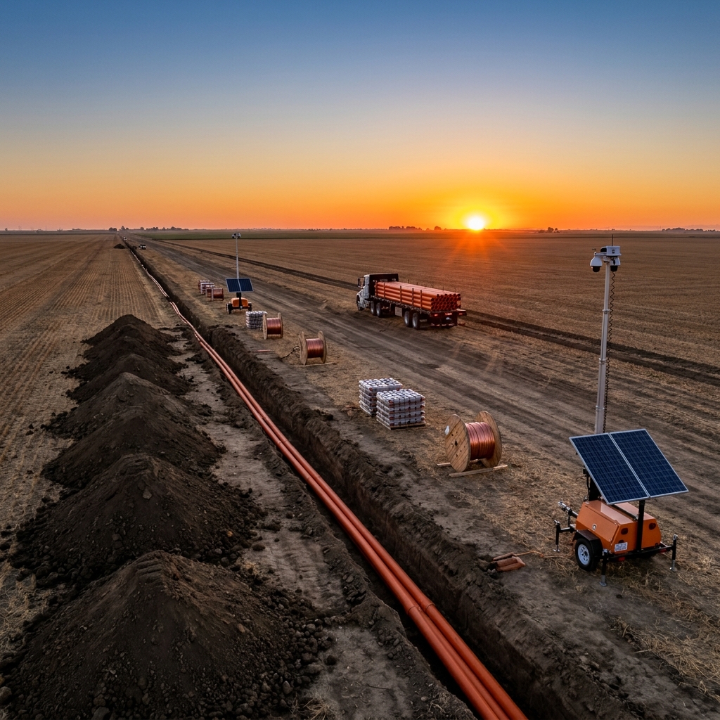 Utility corridor right-of-way project with materials and equipment along a linear route