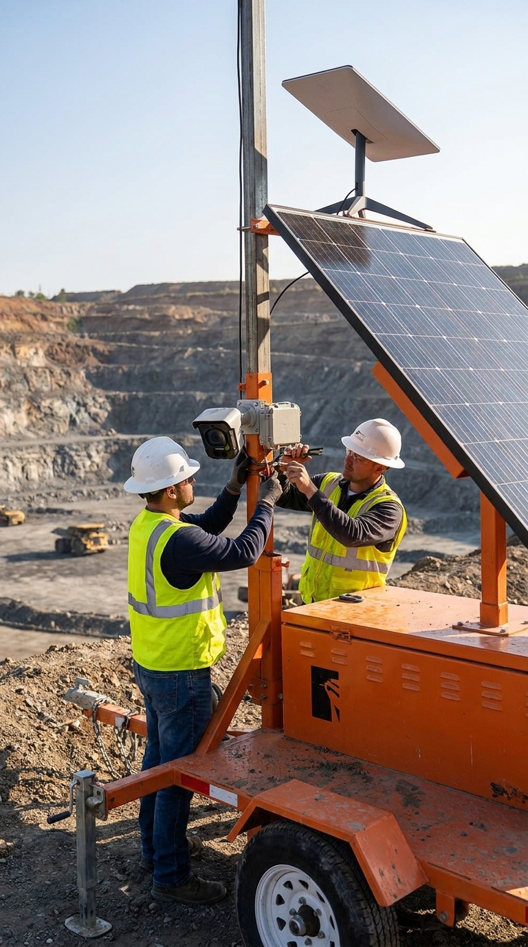 Jobsite Sentry team installing security camera unit at a mining operation