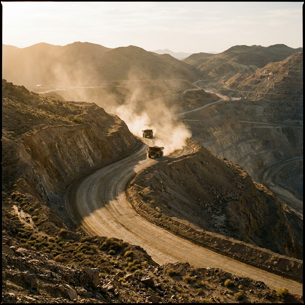 Mine haul road with heavy trucks at a remote mining site