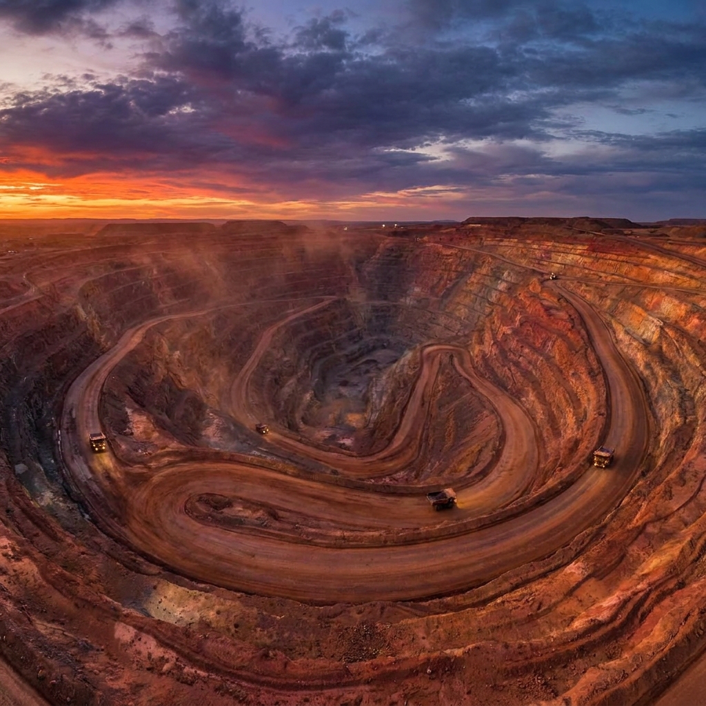 Aerial view of an open pit mine at dusk