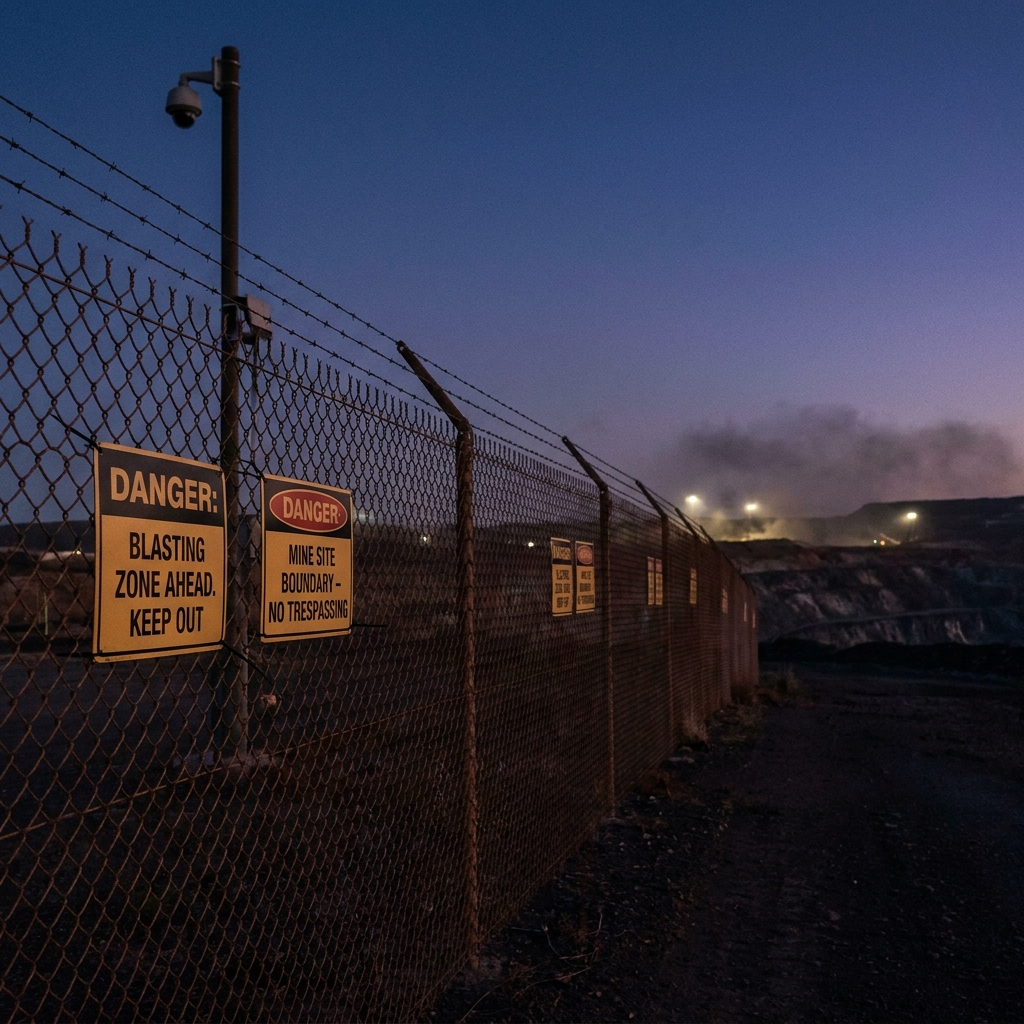 Mine perimeter fencing and blasting zone at dusk