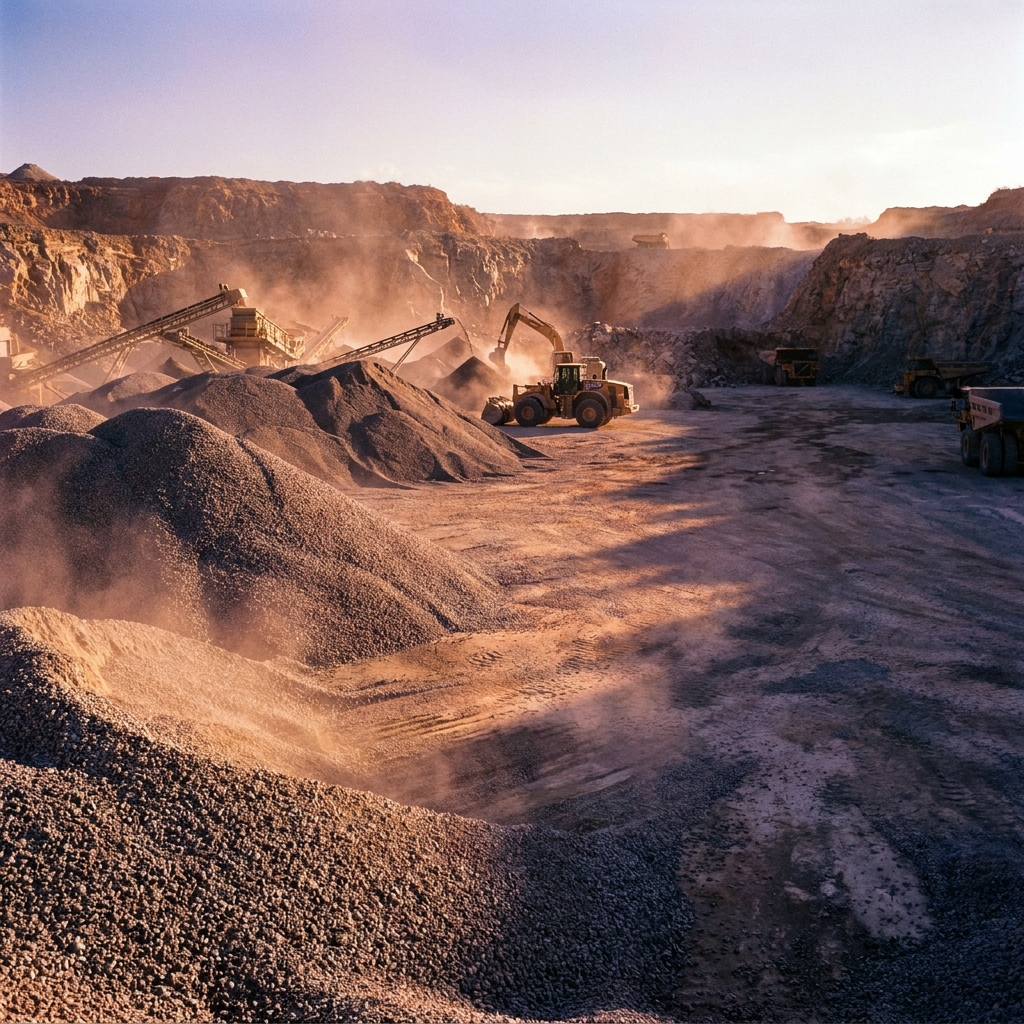 Aggregate quarry with stone stockpiles and heavy equipment