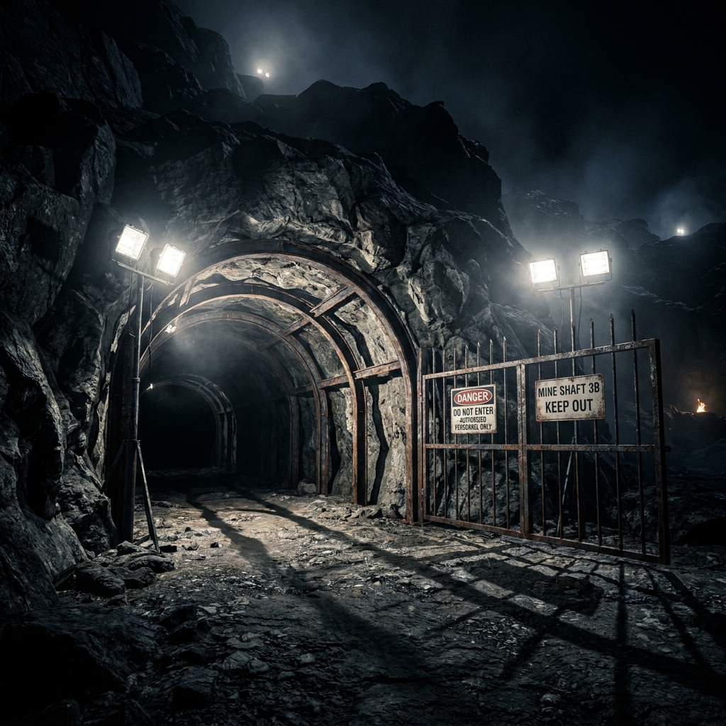 Underground mine portal entrance at night