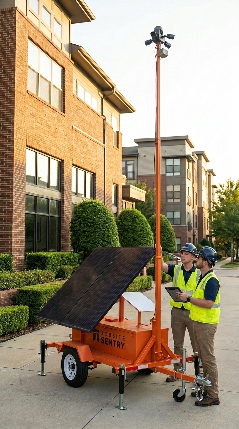 Jobsite Sentry technicians installing a solar-powered 4K security camera unit at a multi-family residential community