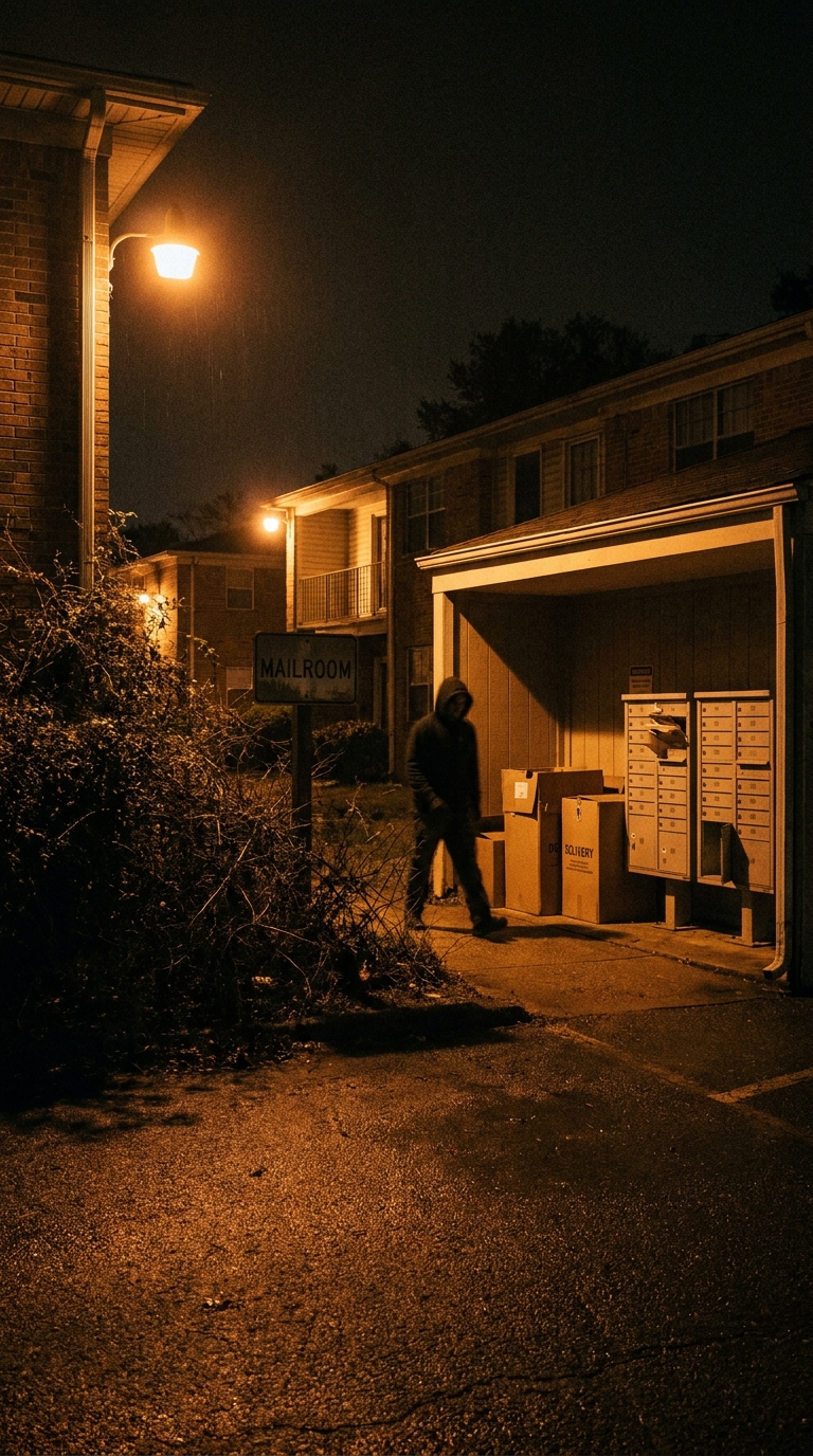 Unmonitored apartment complex at night showing vulnerable common areas, mailroom, and perimeter, a prime target for trespassing and package theft