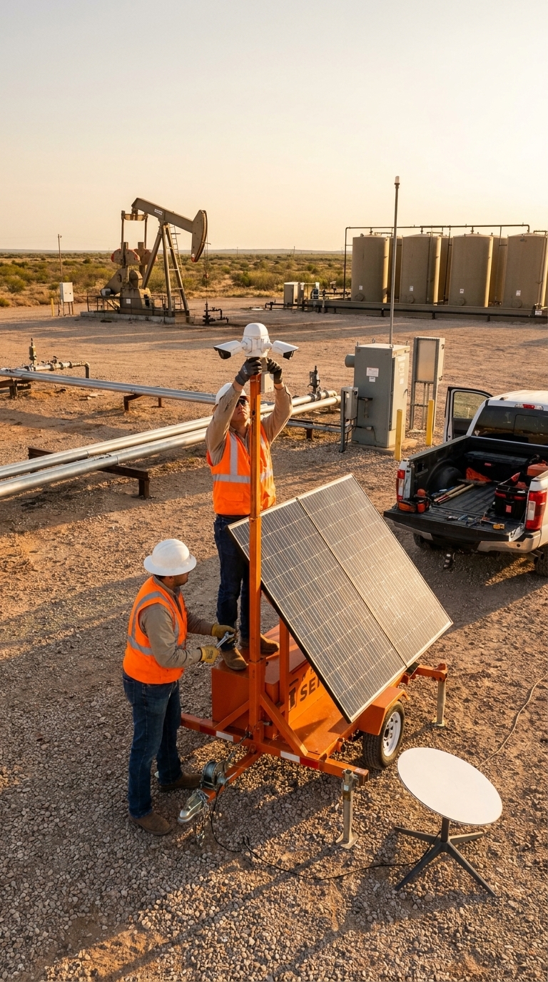 Jobsite Sentry team installing security camera unit at an oil field wellpad