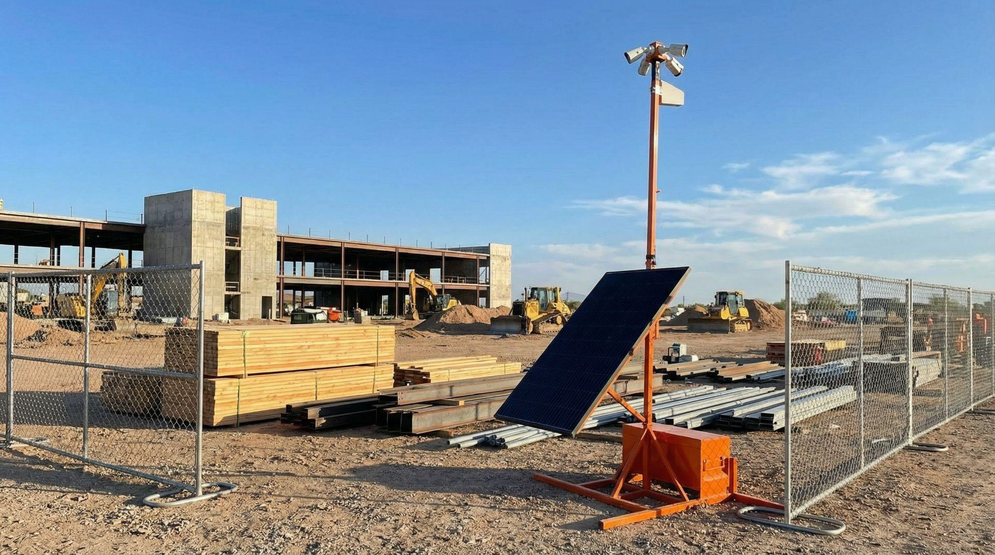 Mobile surveillance trailer deployed at an active construction site providing solar-powered jobsite security without permanent infrastructure.