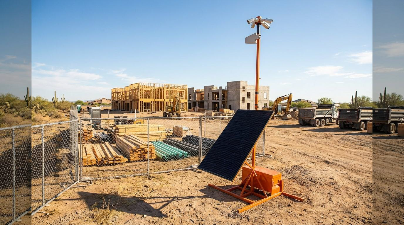 Mobile surveillance trailer providing jobsite security at an active construction site in Phoenix, Arizona