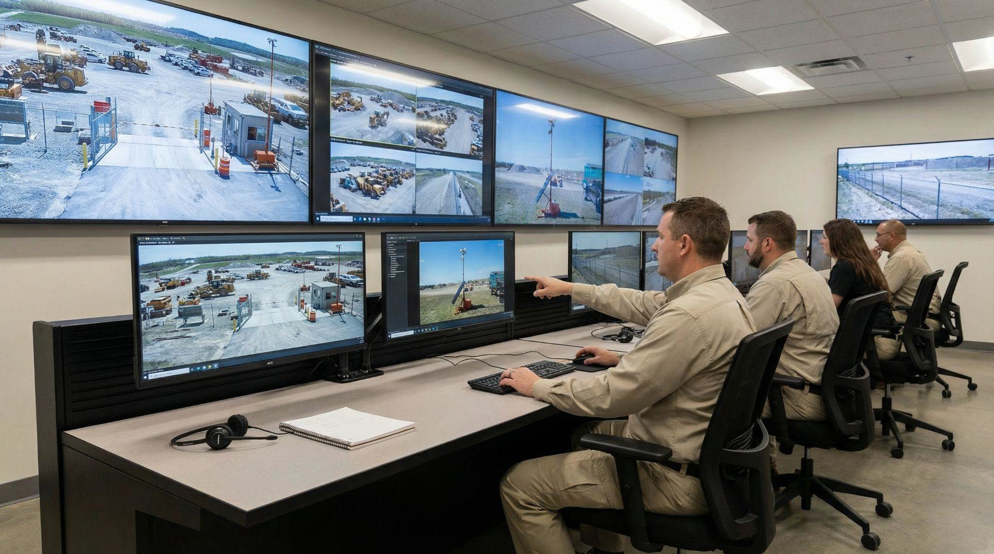 Remote video monitoring team reviewing live construction site camera feeds for after-hours security