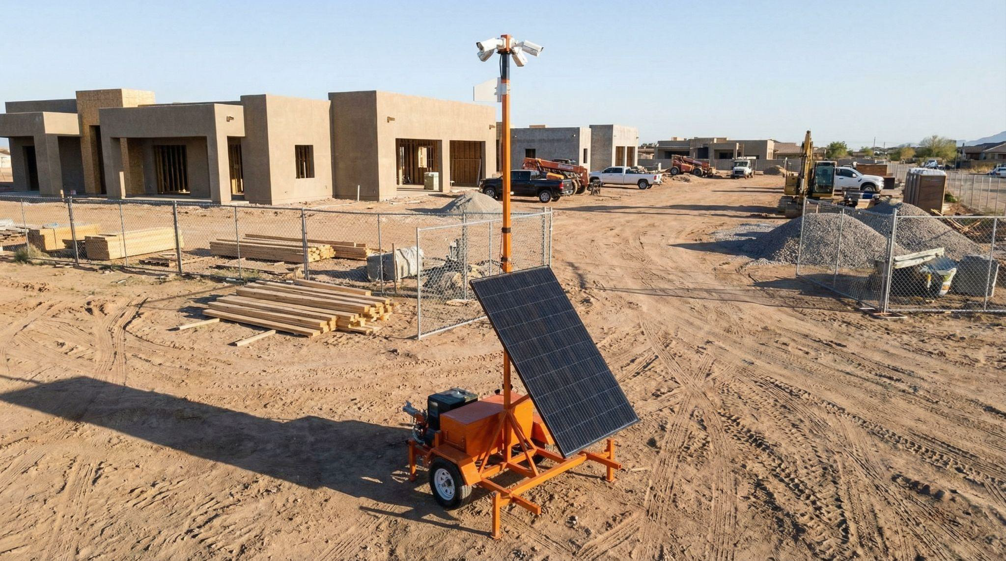 Security camera trailer rental providing temporary jobsite security for an active construction project without permanent installation.