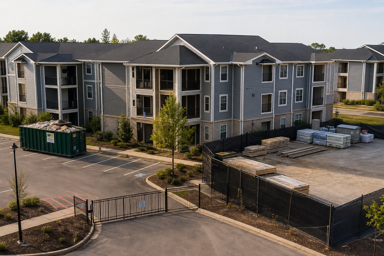 How to Secure a Vacant Multifamily Property During Renovation or Lease-Up 2 Security risk areas at a vacant apartment renovation site including entrances, parking, and material storage.