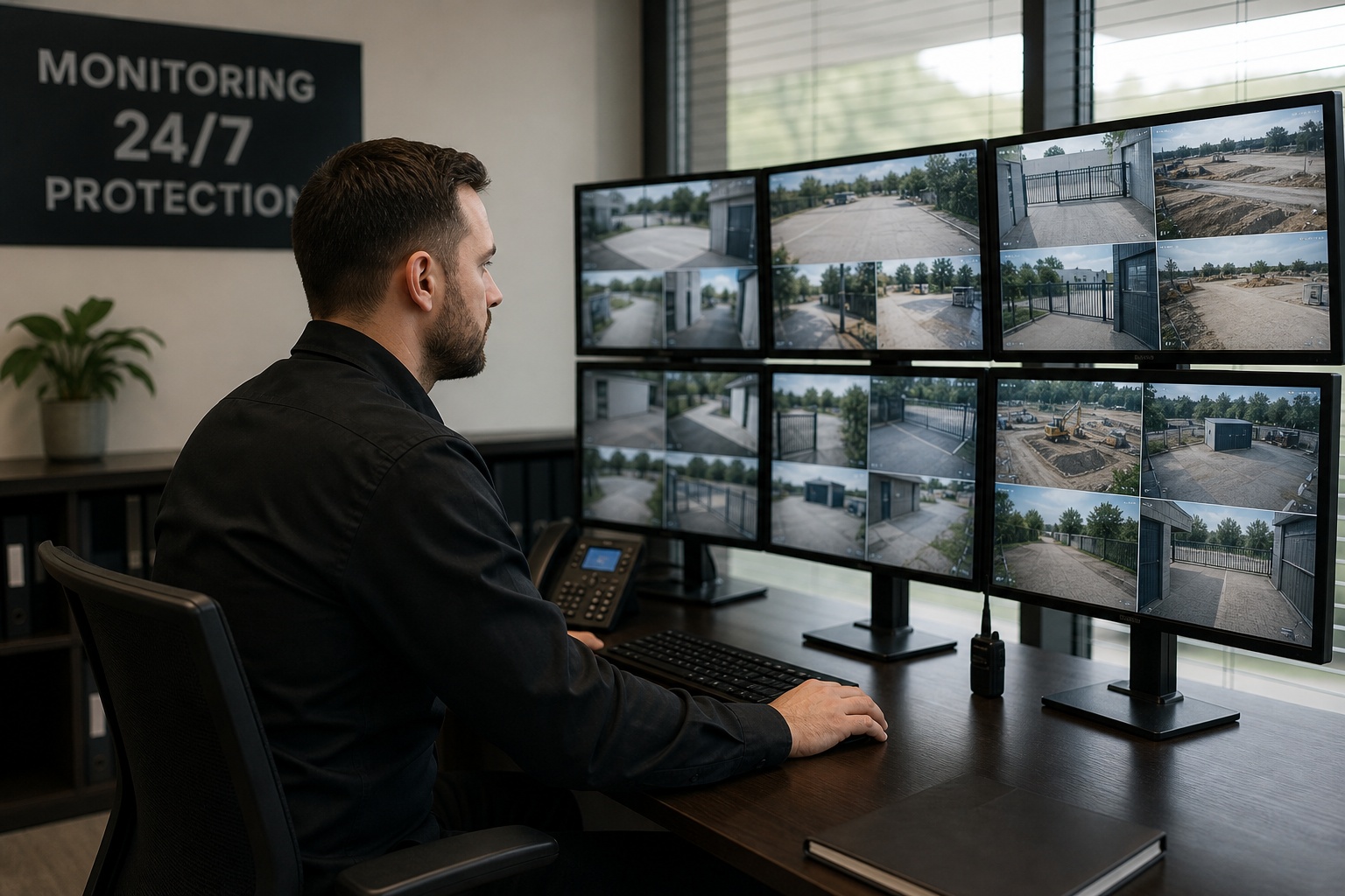 Live video monitoring operator reviewing vacant property security camera feeds