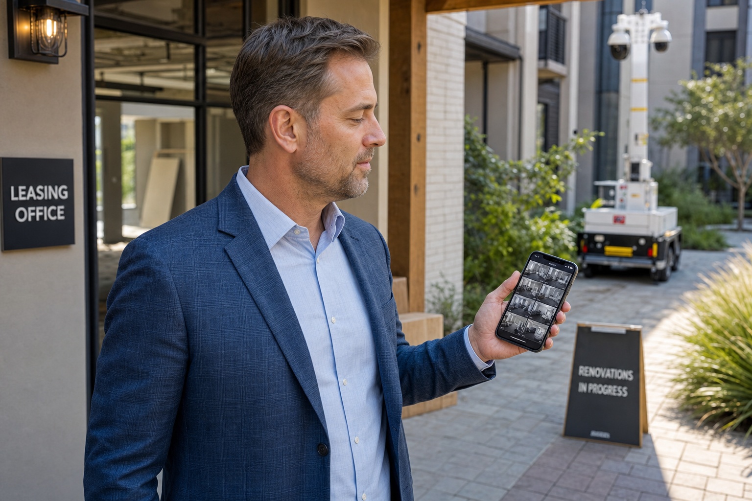 How to Secure a Vacant Multifamily Property During Renovation or Lease-Up 4 Property manager viewing vacant multifamily property security cameras on a mobile phone.