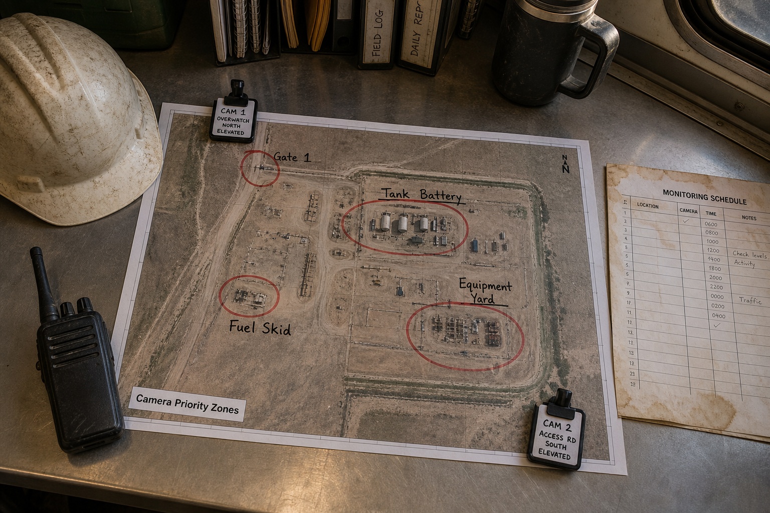 Oilfield Security Cameras: How to Protect Remote Well Pads, Tanks, and Equipment After Hours 2 Oilfield lease map with marked camera coverage zones for tanks, gate, equipment yard, and lease road.