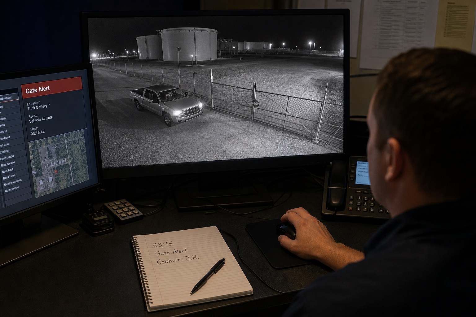 Oilfield Security Cameras: How to Protect Remote Well Pads, Tanks, and Equipment After Hours 3 Remote monitoring operator reviewing a tank battery gate alert from an oilfield camera after hours.
