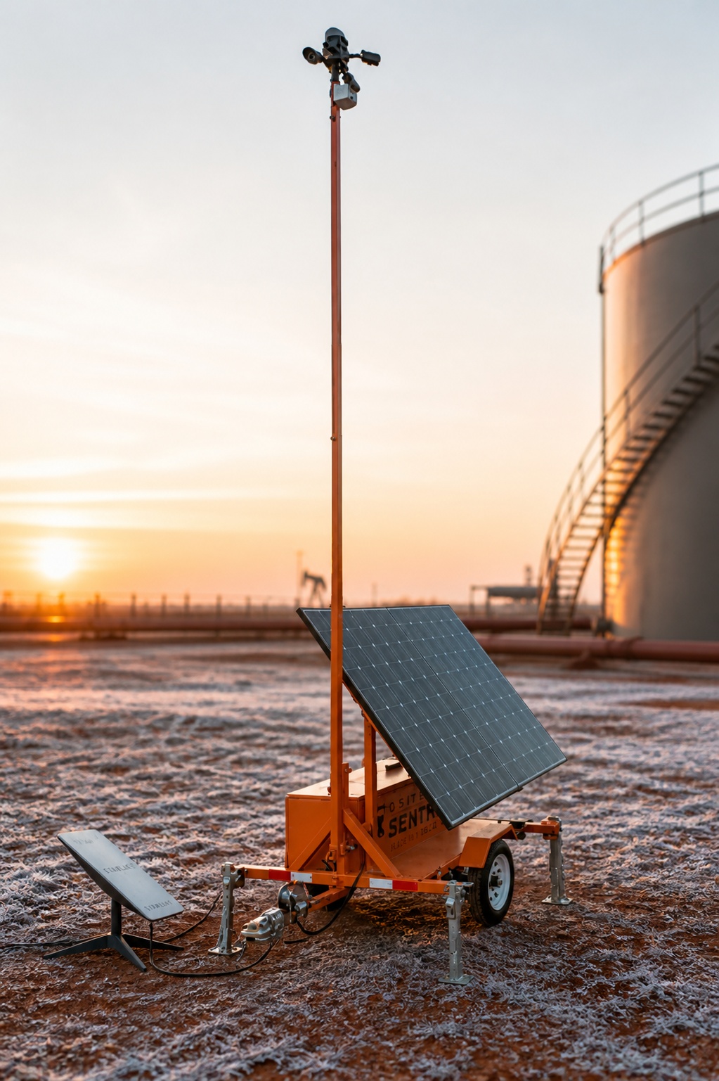 Oilfield Security Cameras: How to Protect Remote Well Pads, Tanks, and Equipment After Hours 4 Jobsite Sentry solar-powered security unit with Starlink connectivity beside remote oilfield equipment at sunrise.